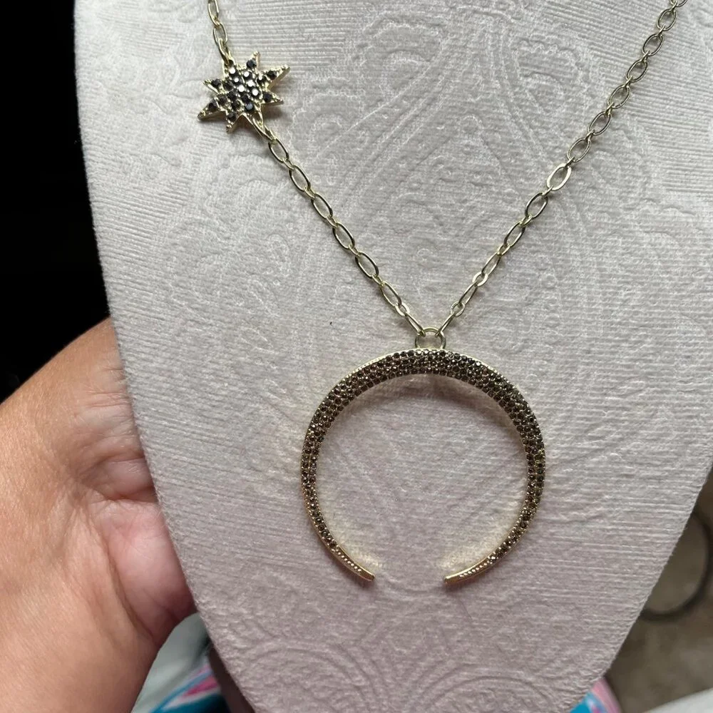 Star & Moon Pendant Necklace With Rhinestones Gold-Toned 18